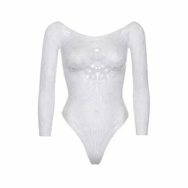 Crochet Lace Long Sleeve Thong Back Teddy - Image 5