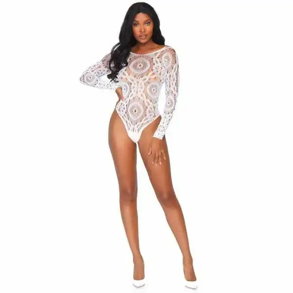 Crochet Lace Long Sleeve Thong Back Teddy - Image 2