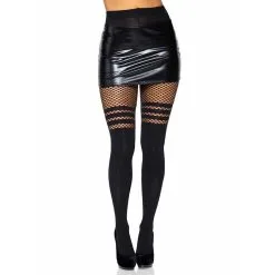 Seamless Opaque Faux Thigh High Tights With Striped Fishnet Thigh Accent
