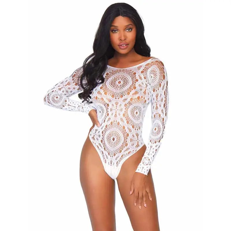 Crochet Lace Long Sleeve Thong Back Teddy