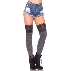 Ribbed Knit Over The Knee Slouch Sock W/ Wide Lace Top