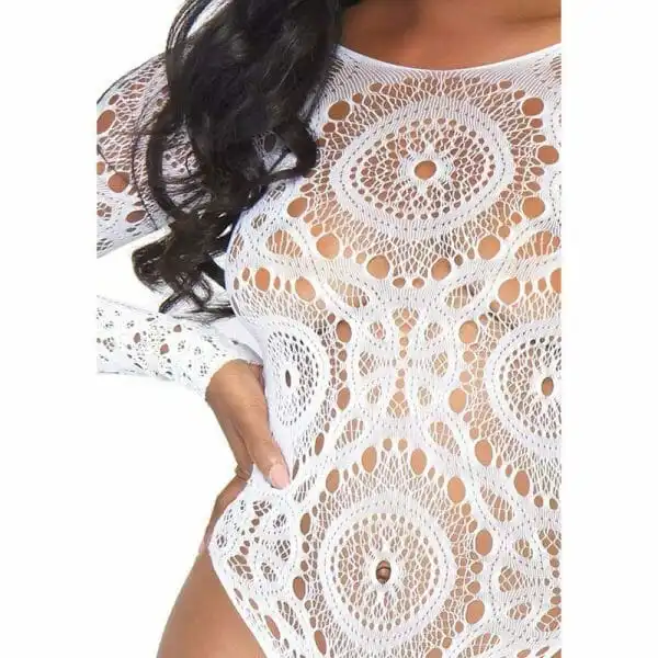 Crochet Lace Long Sleeve Thong Back Teddy - Image 6